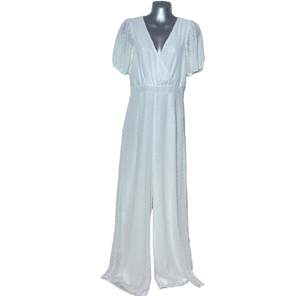 Lulus Vows that Wow White Swiss Dot Puff Sleeve Wide-Leg Jumpsuit, Small